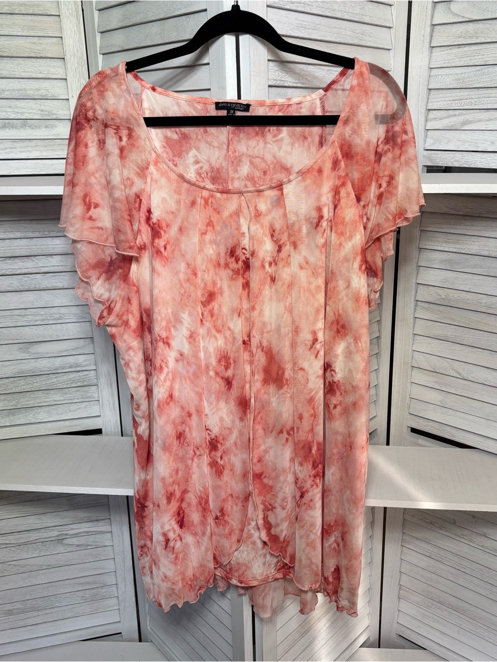 Ava & Grace 3X Coral Tie Dye Mesh Flutter Sleeve Tunic Top